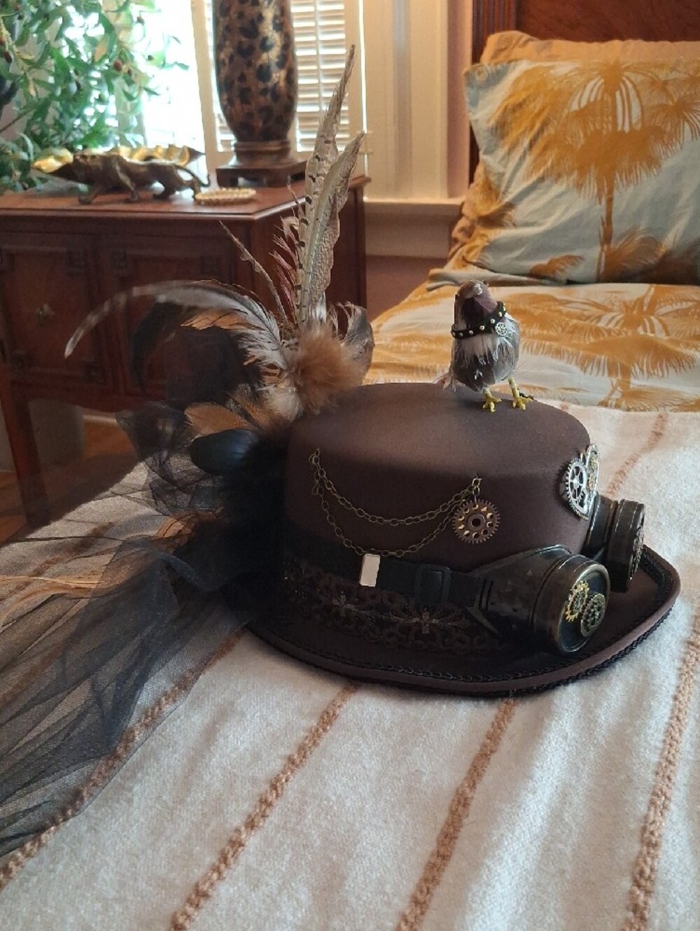 Brown Steampunk Top Hat with Feather and Gear Accents - Picture 3 of 9